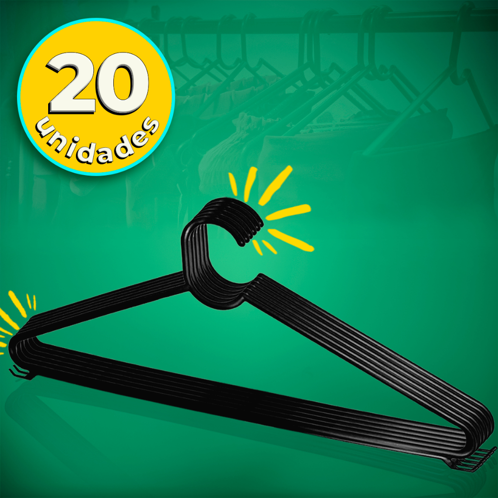 Conjunto Com 20 Cabides Reforçados Adulto cor Preto