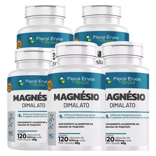 Kit/ 5 Magnésio Dimalato 600 Cáps 600mg Floral Ervas Auxilia na Formação de Ossos e Dentes
