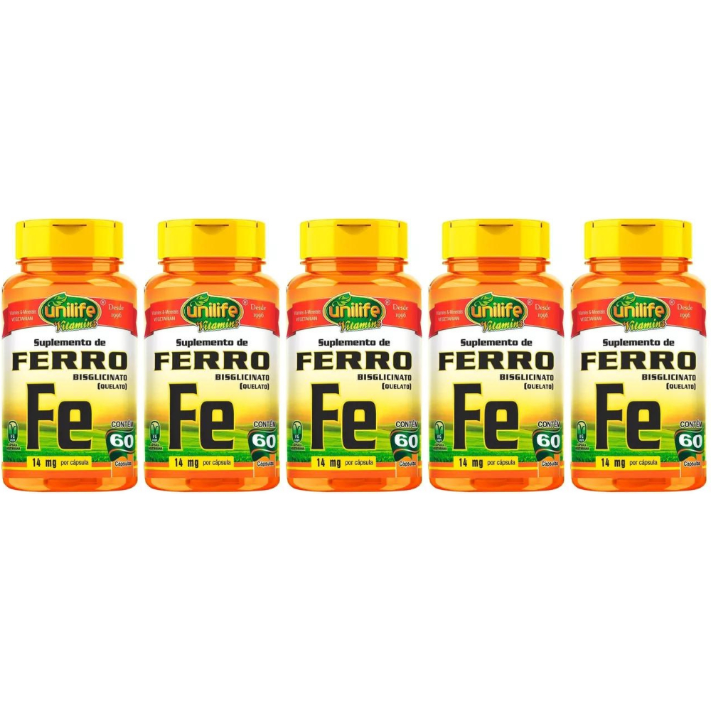 Kit 5 Ferro Quelato - Unilife - 60 Cápsulas
