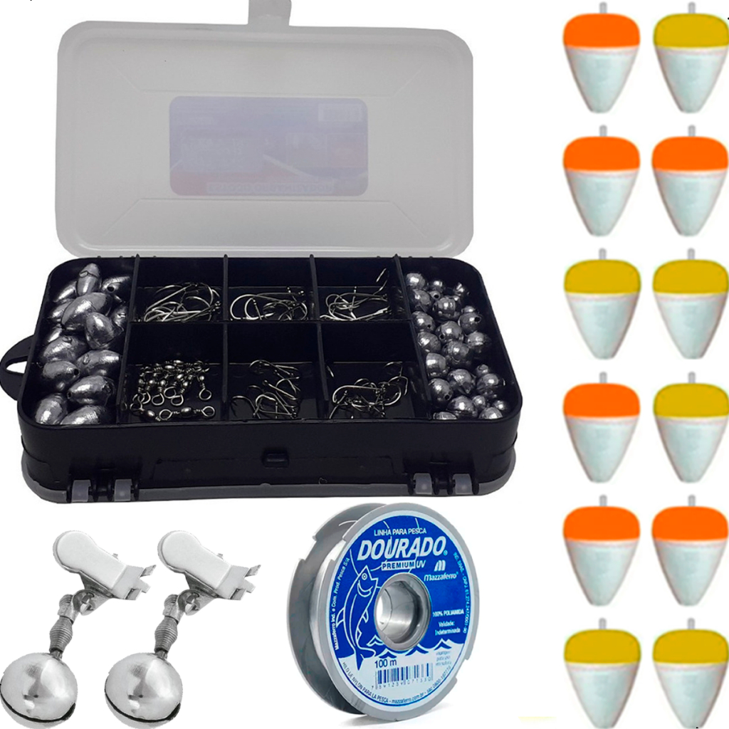 Kit Pesca Estojo Chumbada Anzol Giradores Bóias Linha e Sino Summer - Sports & Outdoors