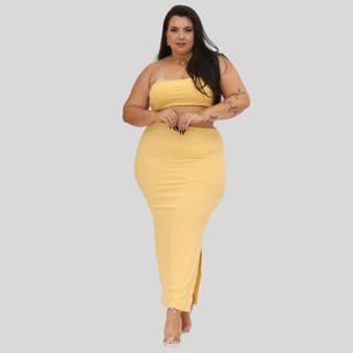 Vestido Canelado Longo Plus Size com Fenda Elisama