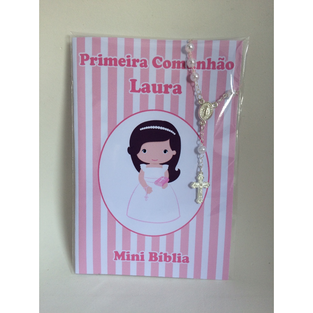 Lembrancinha Kit com 10 Mini Biblias com Mini Terço Primeira Comunhão / Eucaristia Menina