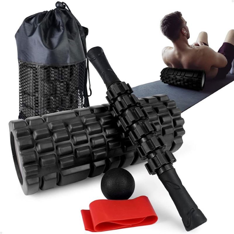 Imagem Kit Completo 4x1 Lorben Rolo de Massagem Bastão Miosfascial Bola Lacrosse Faixa Elástica Band Bolsa