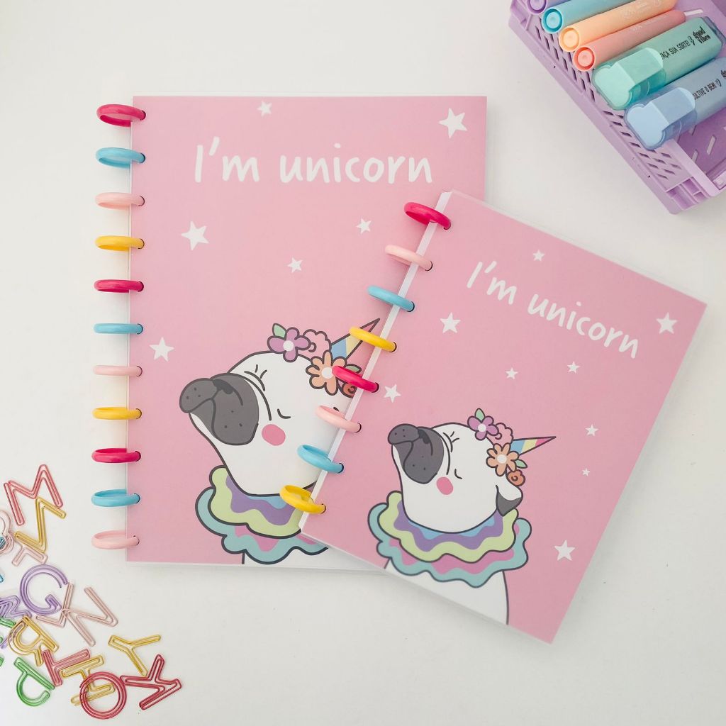 Caderno de Disco Inteligente Bulldog Unicórnio com Folhas Reposicionáveis e Divisórias em Oferta na Shopee
