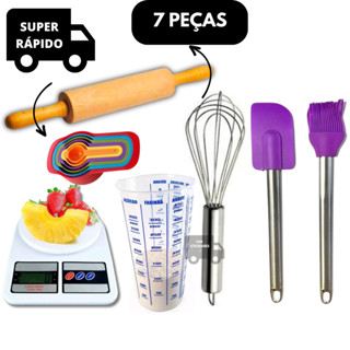 Kit Completo Rolo Giratorio De Madeira Para Massas, Fue Batedor De Ovos Inox, Balança Digital Alta Precisão, Espátula Pão Duro, Pincel De Silicone, Copo De Medida Plástico Com Marcações, Kit 6 Colheres Medidoras Culinário