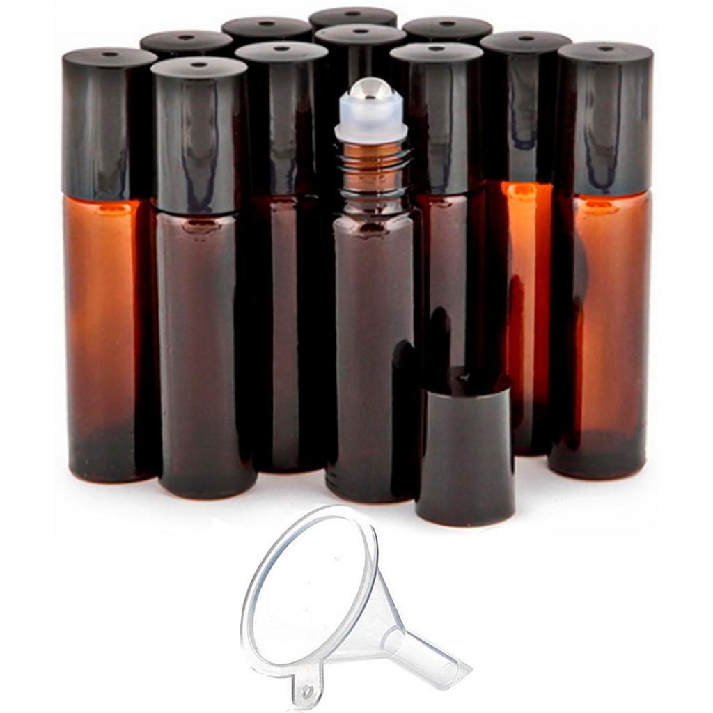 Kit 10 frascos Roll on Ambar 10ml e funil plástico
