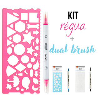 Régua Geométrica Gabarito Formas E Desenho + Caneta Dual Brush