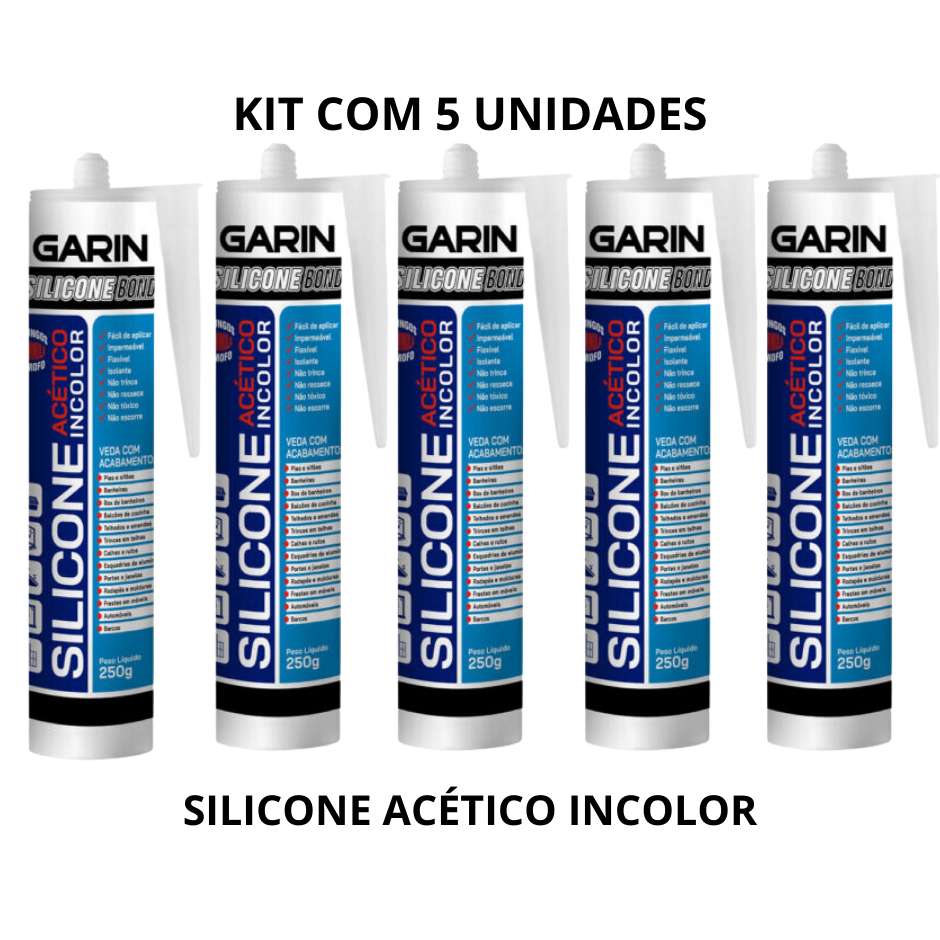 KIT COM 5 Silicone acético antifungo e antimofo 250g GARIN alta resistência INCOLOR PRETO BRANCO
