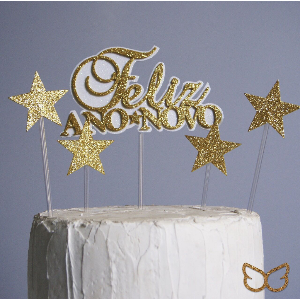 Topo Topper de Bolo Palito Feliz Ano Novo 5 Peças EVA Glitter Branco e Dourado 15 cm Vivarte - Inspire sua Festa Loja