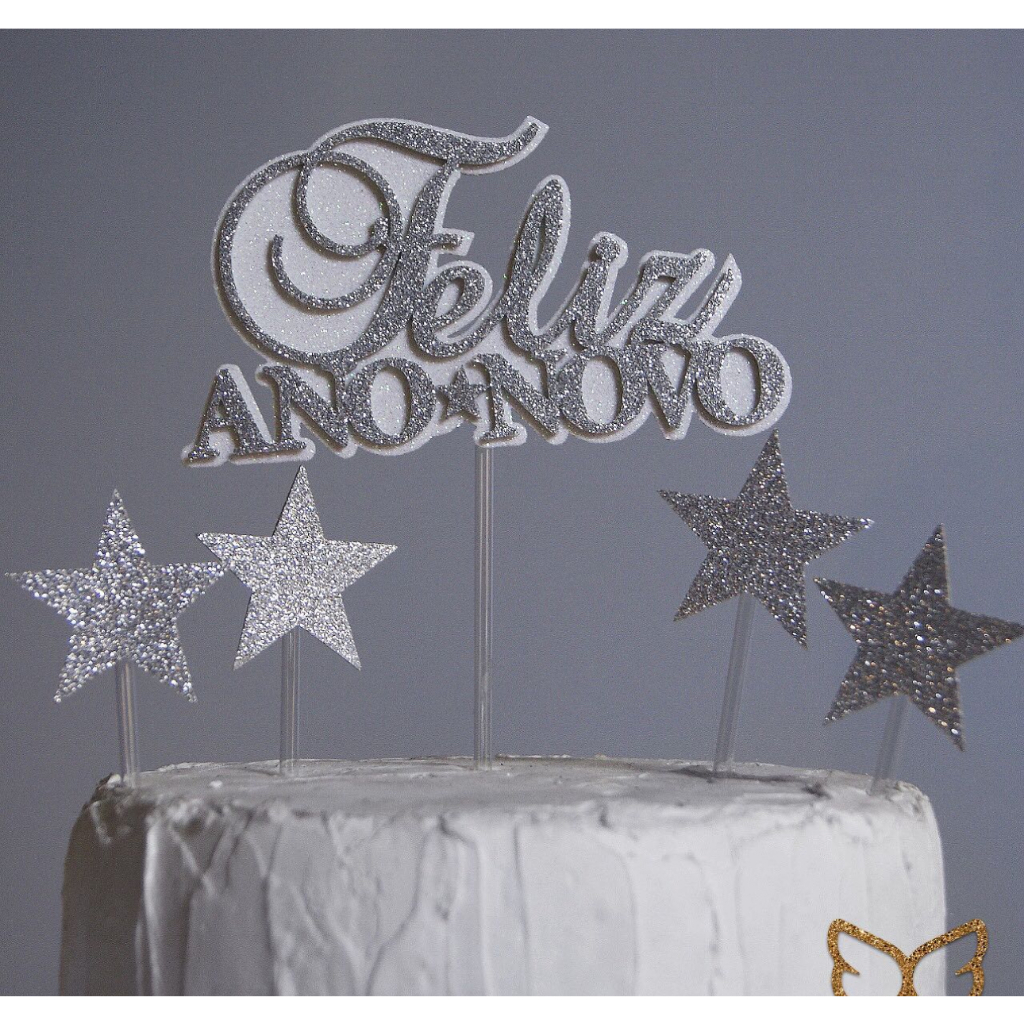 Topo Topper de Bolo Palito Feliz Ano Novo 5 Peças EVA Glitter Branco e Prata 20 cm Vivarte - Inspire sua Festa Loja