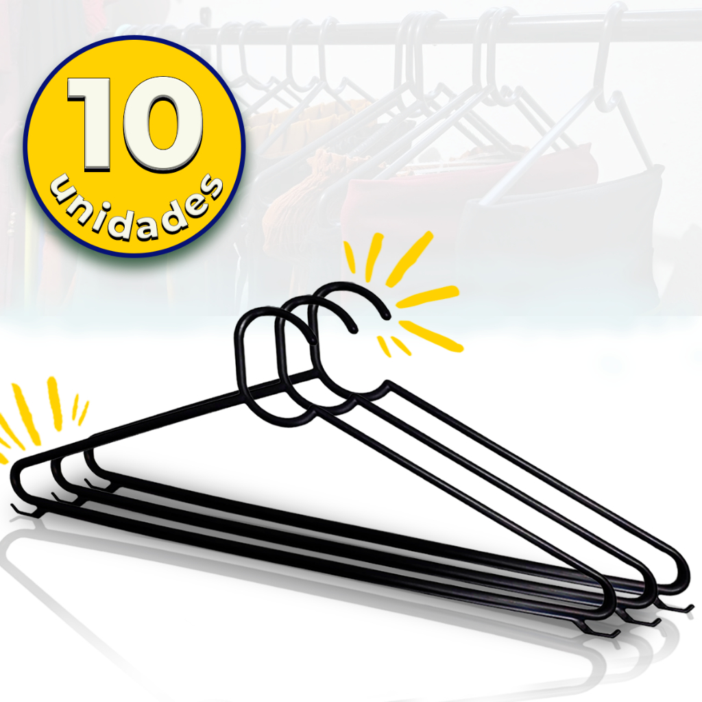 Conjunto Com 10 Cabides Reforçados Adulto cor Preto em Oferta na Shopee
