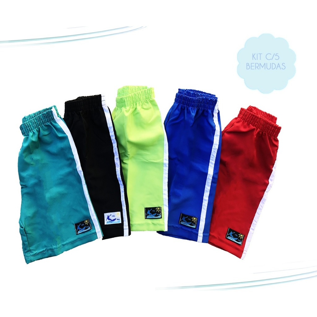 Roupa Infantil Kit 5 Bermudas Coloridas Tactel Menino Verão Tamanhos 4/6/8 Barato Atacado