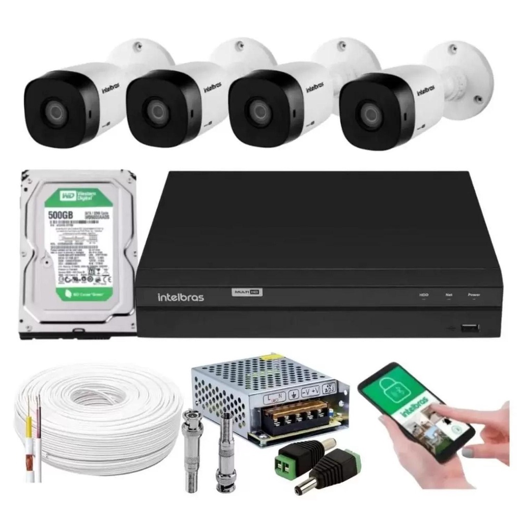 Kit 4 Camera de Seguranca Intelbras Bullet vhl 1120b Externa Dvr 4 canais multi hd