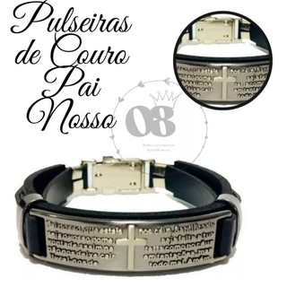Pulseira masculina couro  regulável Pai Nosso  Bracelete masculino feminino oração religioso ajustável varias cores