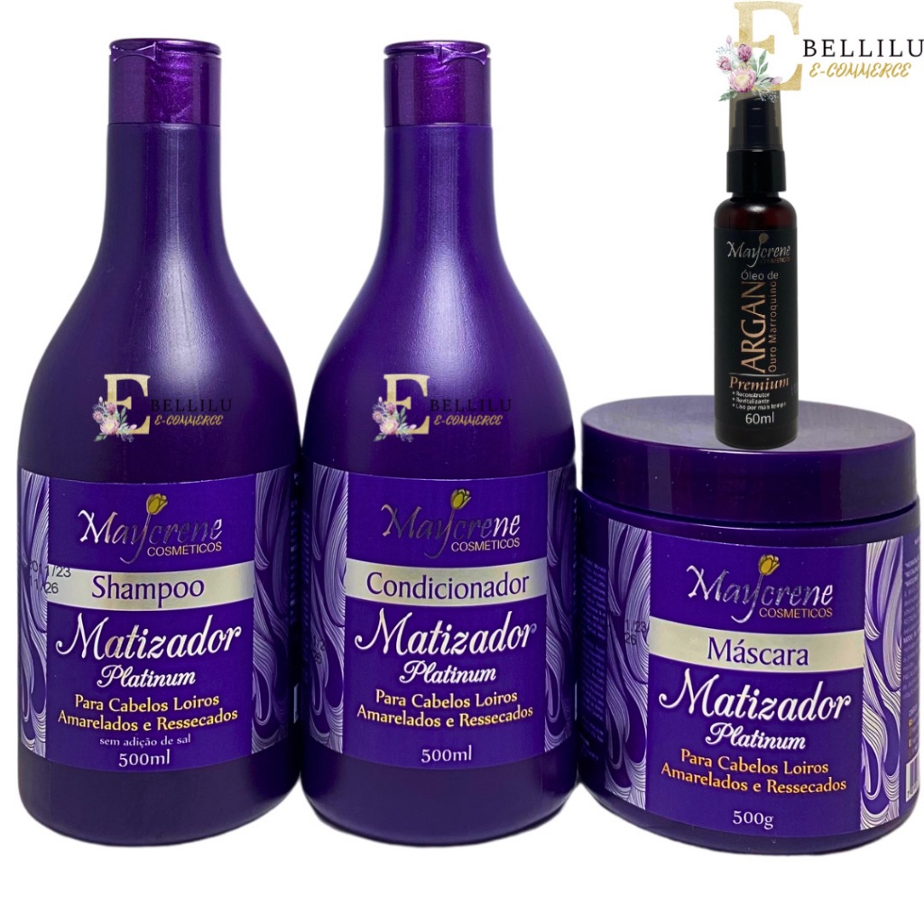 Kit Matizador Platinum Maycrene + Óleo de Argan 60ml (Shamp+ Cond + Másc)