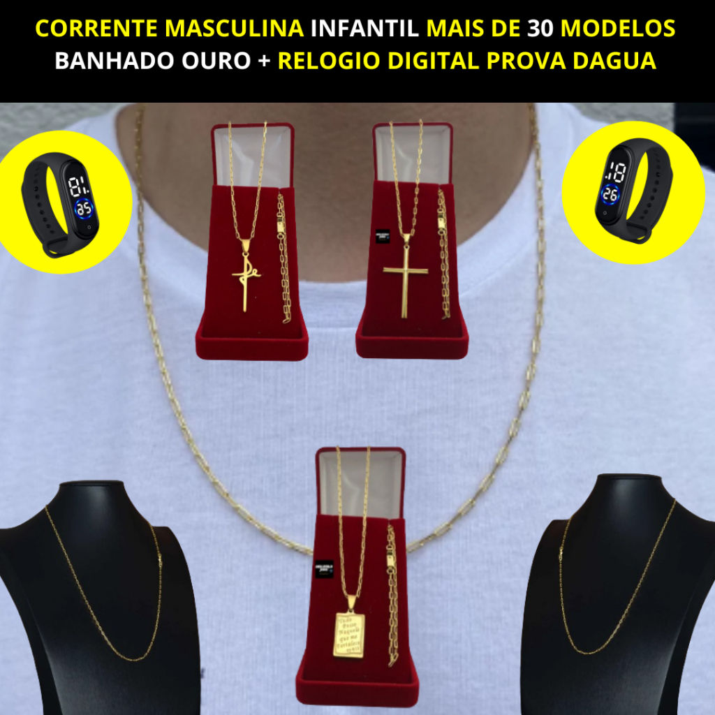 Corrente Masculina Infantil  2mm  Banhado Ouro Com Pulseira e Pingente + Relógio Digital Prova Dagua Cordão Masculino Infantil Banhado Ouro 18k