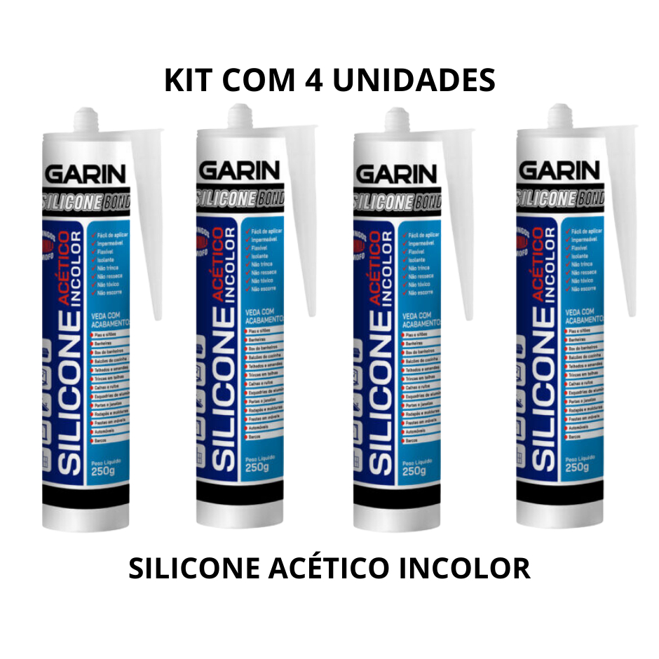 KIT COM 4 Silicone acético antifungo e antimofo 250g Garin alta resistência INCOLOR PRETO BRANCO