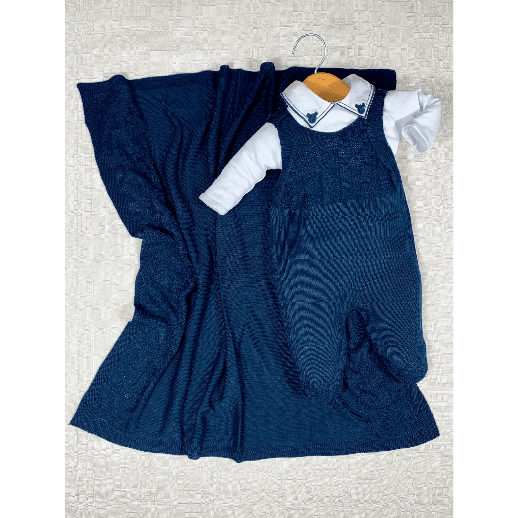 Kit Saida Maternidade Menino Bebe Tricot Azul Marinho Jardineira