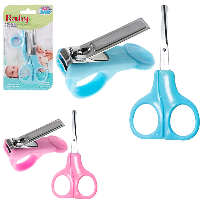 Kit tesoura e cortador de Unha Infantil Bebe Cuidados Manicure e Higiene trim baby Rosa e Azul