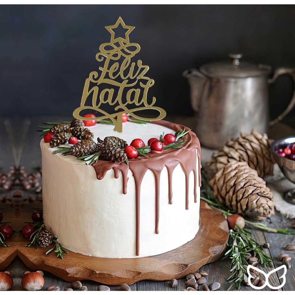 Topo Topper de Bolo Feliz Natal Acrílico Dourado 20 cm Vivarte - Inspire sua Festa Loja