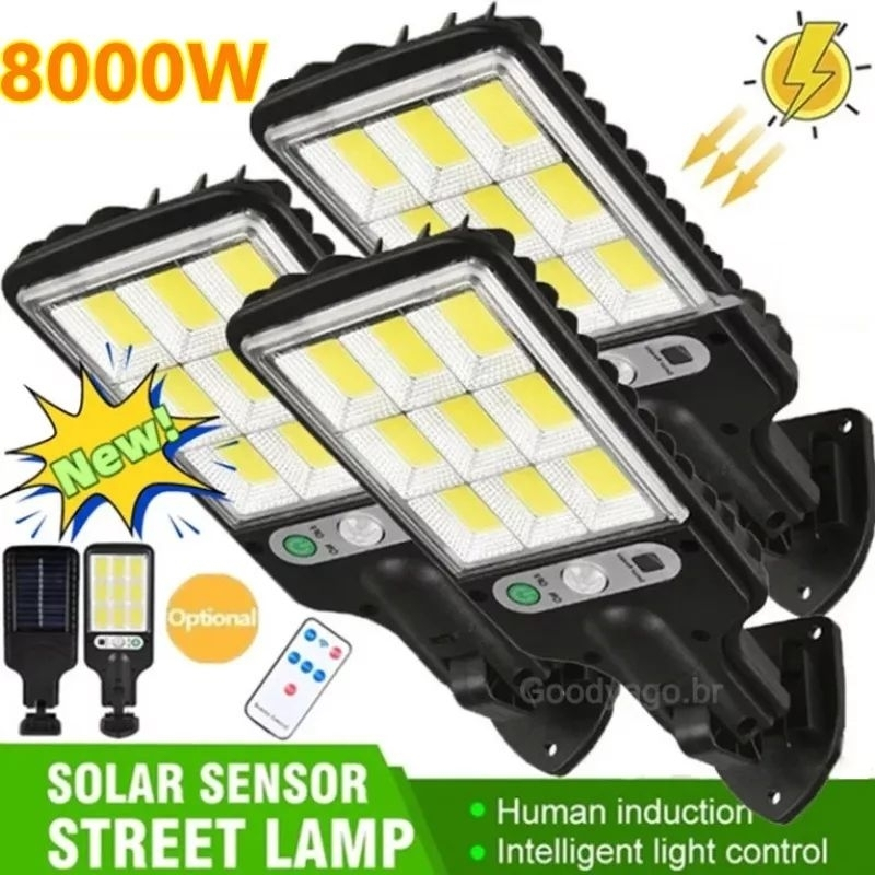 Kit 3 Luminarias Solar Poste Luz Exterior 8000W Com Controle Remoto Refletor LED em Oferta na Shopee