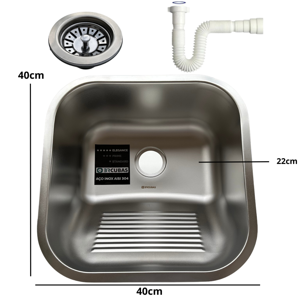 Tanque Aço Inox 40X40 Embutir ou Sobrepor Aço 304 Acompanha Sifão e Válvula Inox
