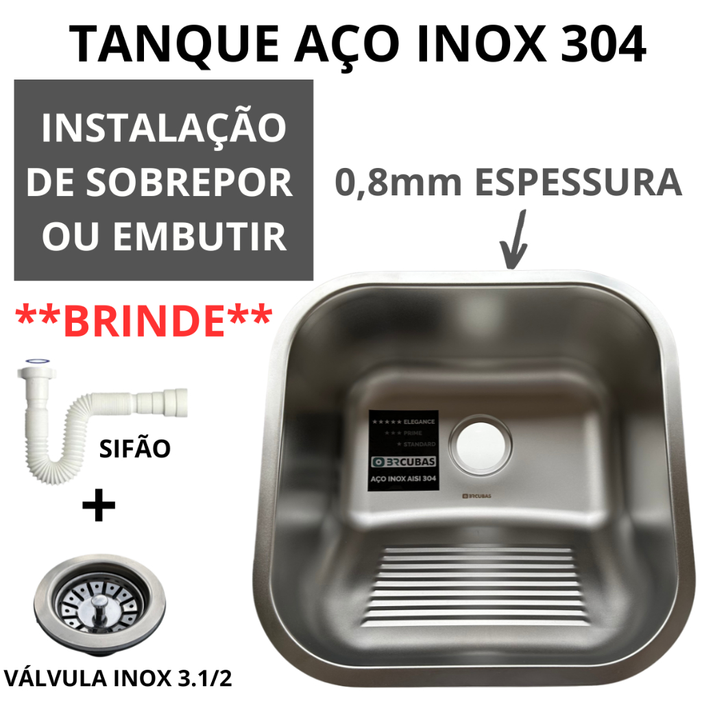 Tanque Aço Inox 304 40X40 Acetinado Lavanderia ou Cozinha acompanha Válvula de Inox e Sifão
