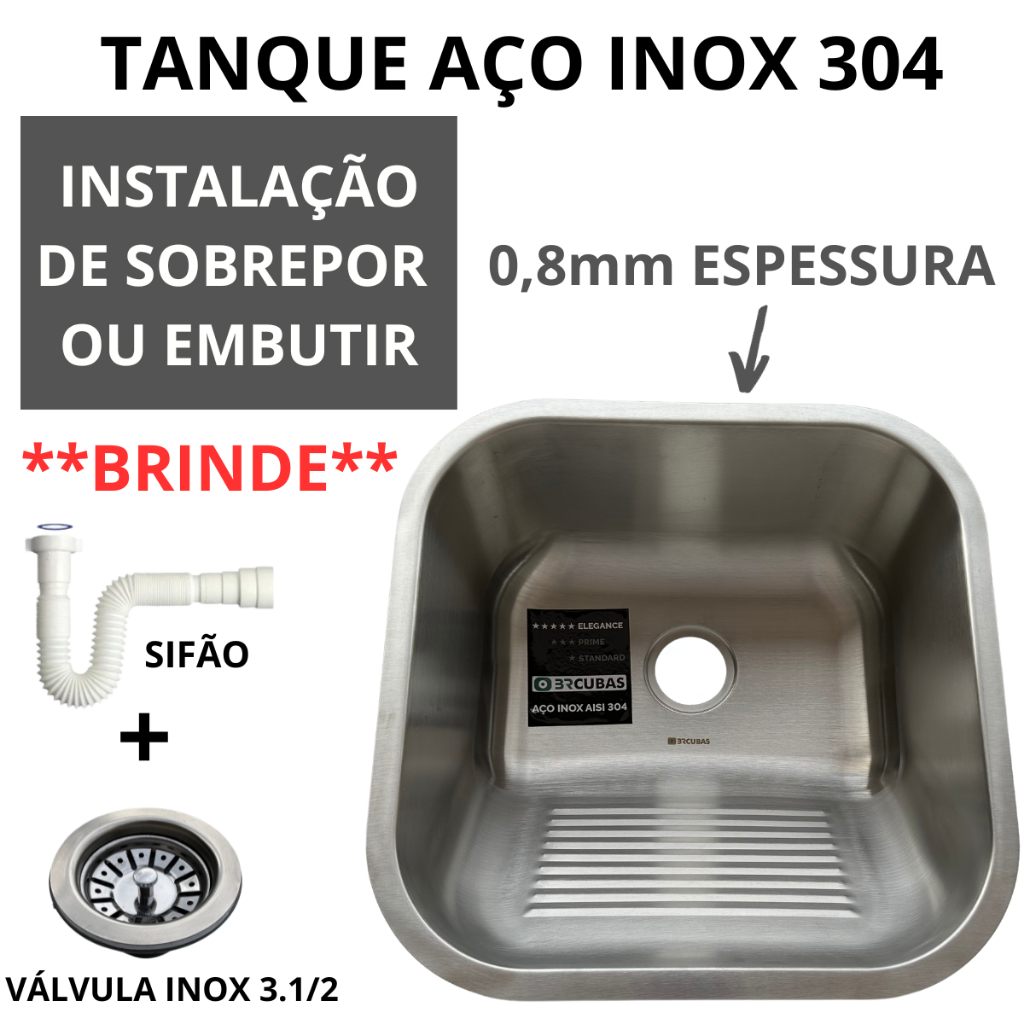 Tanque Aço Inox 40X40 Sobrepor ou Embutir Aço 304 Escovado Válvula Inox e Sifão de Brinde