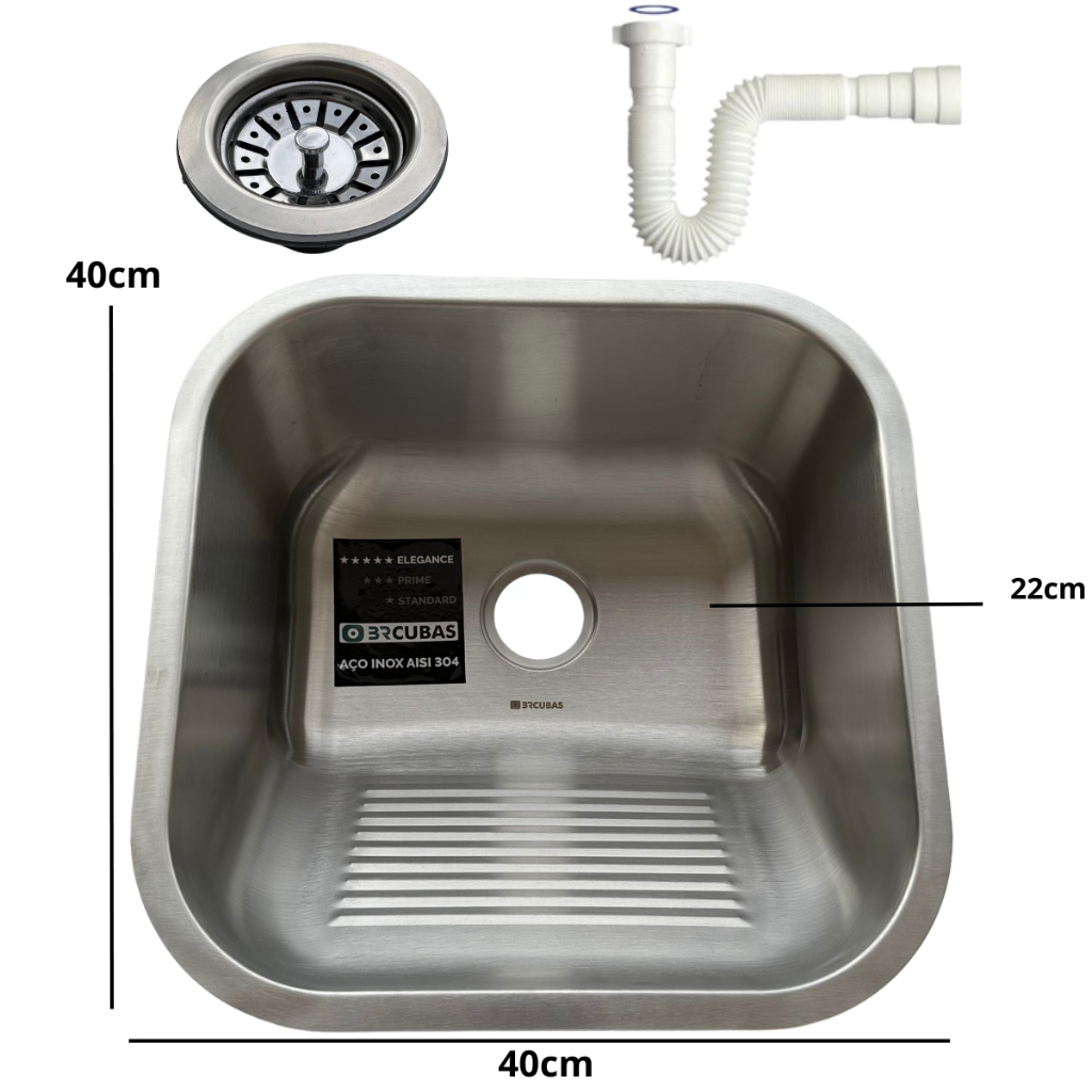 Tanque Aço Inox 304 Sobrepor ou Embutir 40X40 Acetinado ou Escovado com Válvula Inox e Sifão
