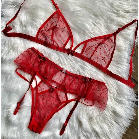 Conjunto Lingerie Tule De Poá Com Cinta Liga De Sainha Sutiã Sem Bojo