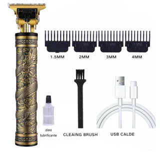 Máquina De Barbear e Cortar Cabelo Recarregável Profissional Dragão Acabamento Masculino T9 Vintage Sem Fio Bateria Duravel Modelo Dourado
