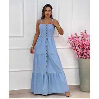 Vestido Feminino Jeans Longo Regata Alcinha Três Marias com Botões