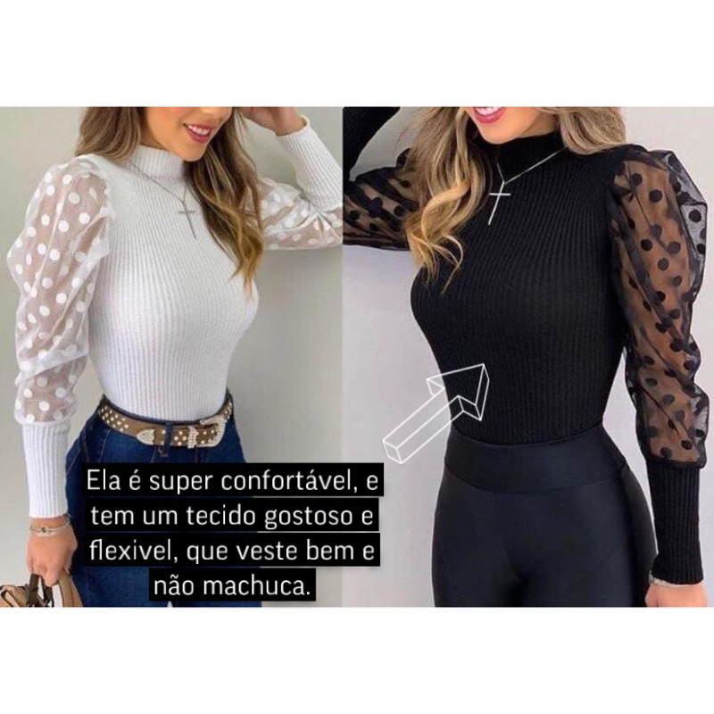Blusa Elegante Tricot Manga Tule Branca e Preta em Oferta na Shopee
