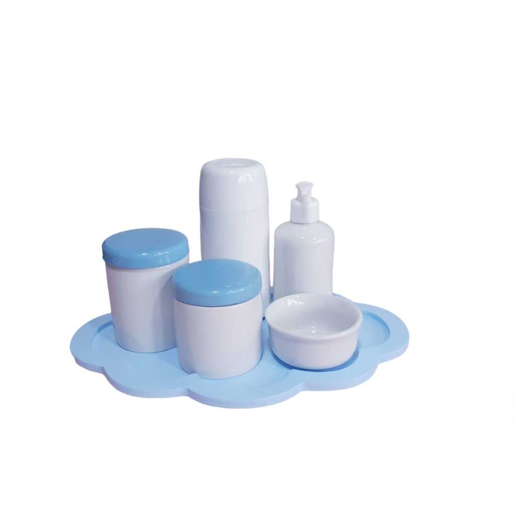 Kit Higiene Bebê porcelana tampa nuvem azul menino maternidade completo garrafa térmica saboneteira liquida potes