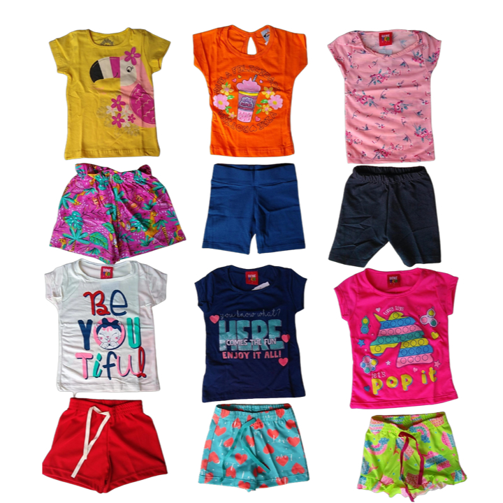 Kit Sortido Com 2 Conjunto Infantil Menina - 2 Camisetas + 2 Bermudas - Promoção - Kit com 2 Conjuntos de Roupa Infantil Menina- Roupa Bebê