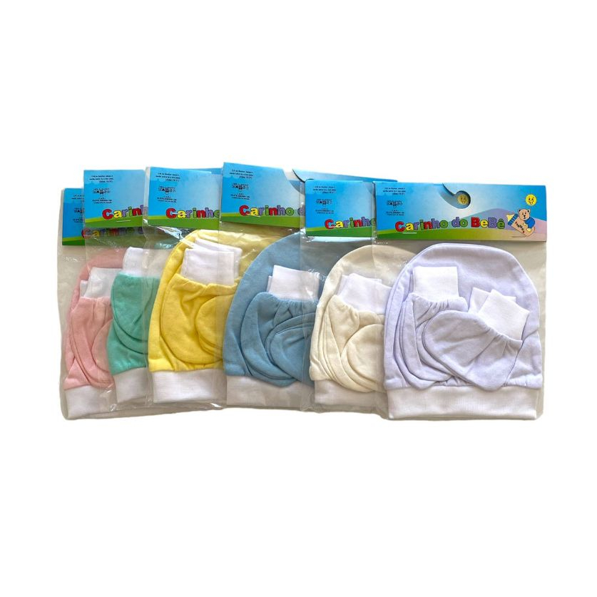 Touca de bebe, luva e sapatinho, kit com 9 pçs. 100% algodão em Oferta na Shopee