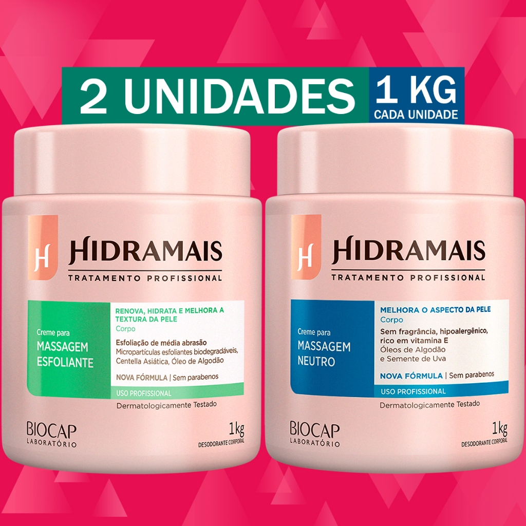 Kit 2 Creme Hidramais Esfoliante + Neutro Corporal Para Massagem 1kg Profissional Esfoliação Natural Hidratante em Gel Renova Corpo Melhora a Pele Sem Parabenos Hipoalergênico