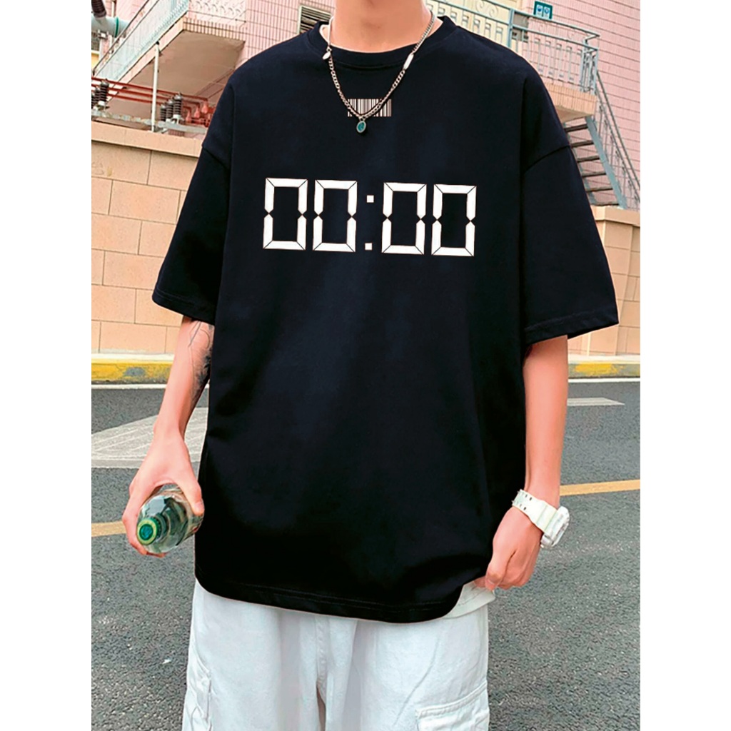 Camiseta Preta Larga T-Shit Streetwear Oversized Estampada 00:00 Time Clook Bordado Relogio Ponto M