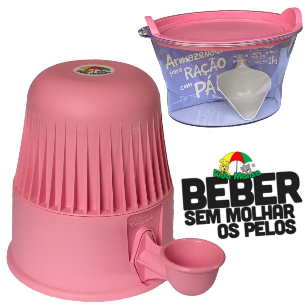 Bebedouro Vida Mansa 2 litros Para Cães e Gatos de pelo longo + Armazenador de ração capacidade 1kg