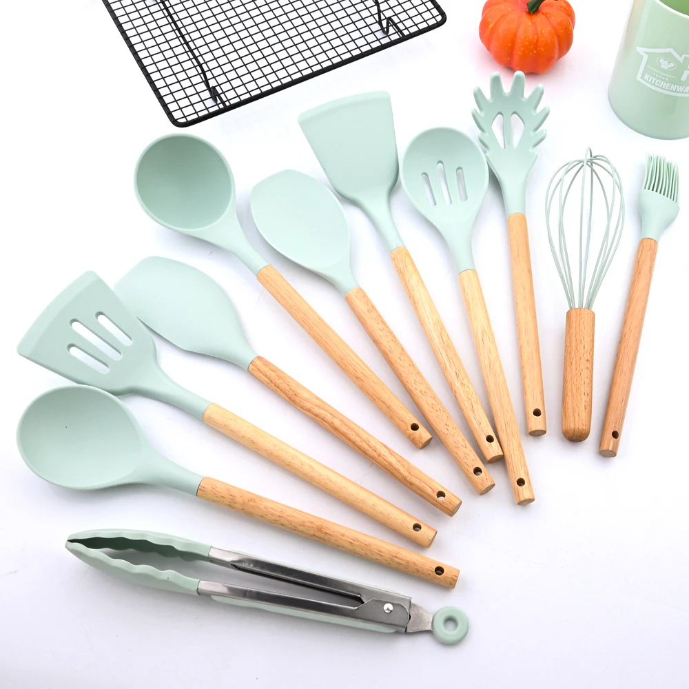 Kit 12 Peças de Utensílios Para Cozinha em Silicone e Bambu