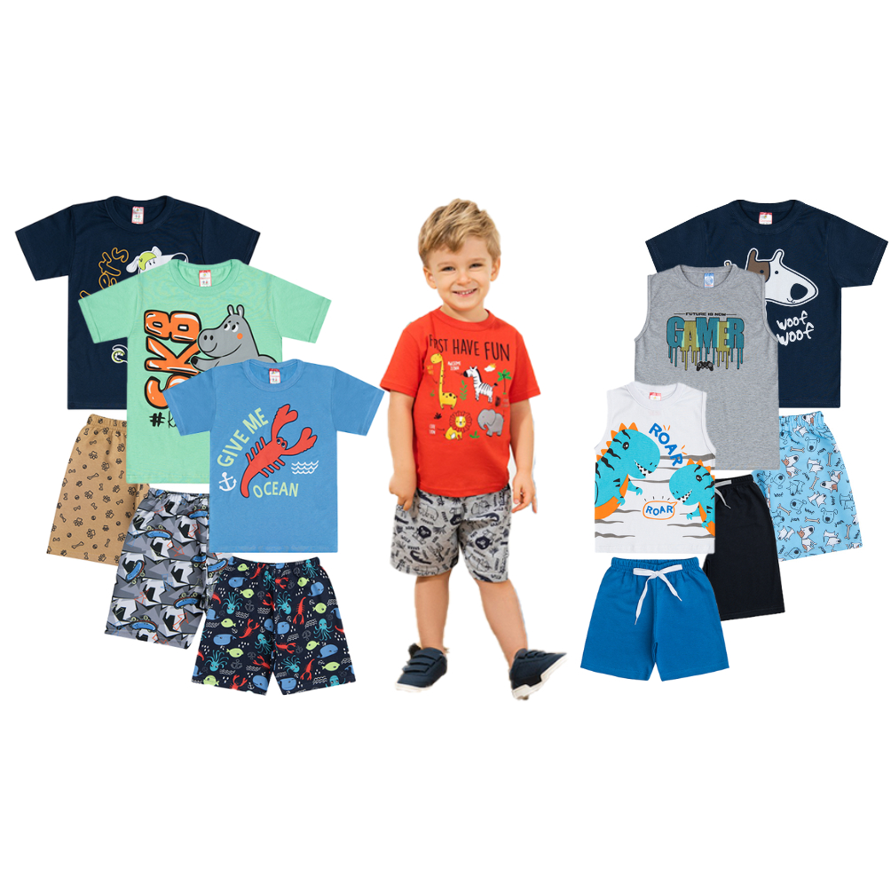 Kit Sortido 12 Peças de Roupas Infantil Menino 6 Camisetas + 6 Bermudas -   Kit com 6 Conjuntos de Roupa Infantil Menino Premium 1 Ao 8 Anos