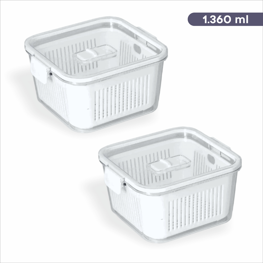 Kit 2 Organizadores De Geladeira Hermeticos Potes 1360ml Cristal Multiuso Slim Paramount