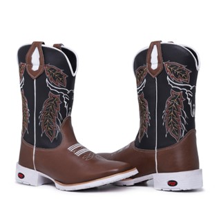 Bota Texana Sola Branca Masculina Bico Quadrado Botina Country Cano Longo Bordada Cowboy Cavalgada Pecuaria Montaria