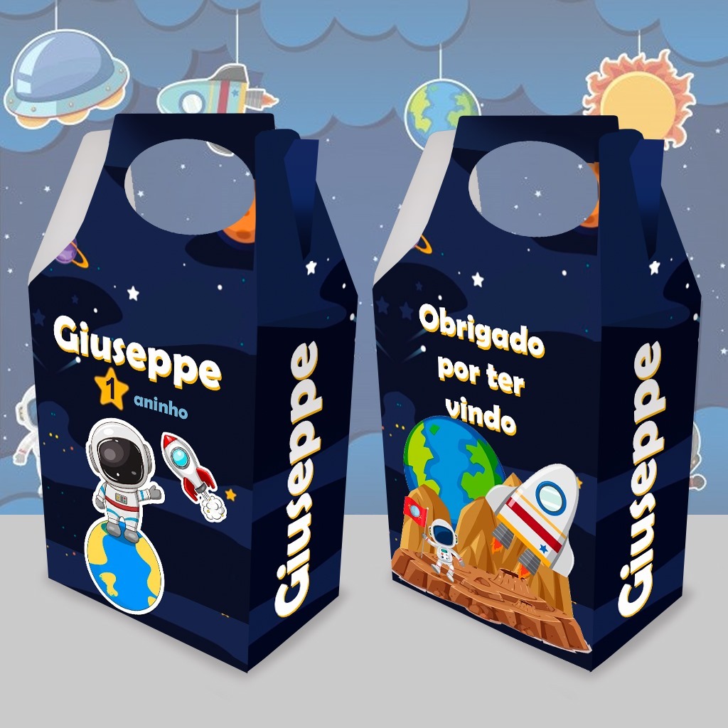 Kit Festa Astronauta Sacolinha maleta surpresa Caixinha milk cone pirâmide porta chocolate topper forminha lembrancinha personalizada