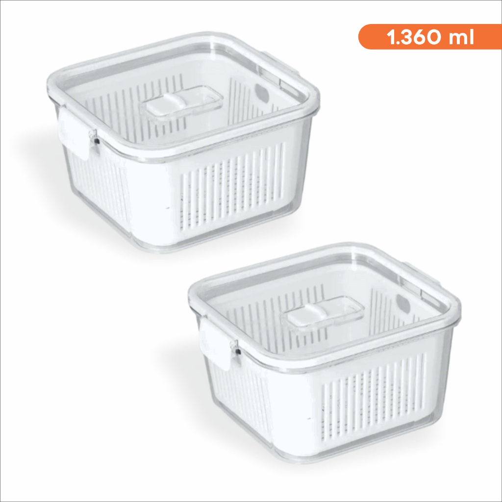 Kit 2 Potes Organizadores De Geladeira Herméticos 1360ml Cristal Slim Multiuso Alimentos Paramount