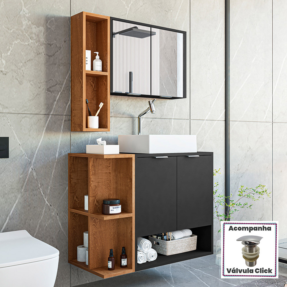 Gabinete Banheiro Star com Cuba Dalla e Valvula Click Inox - Home & Living