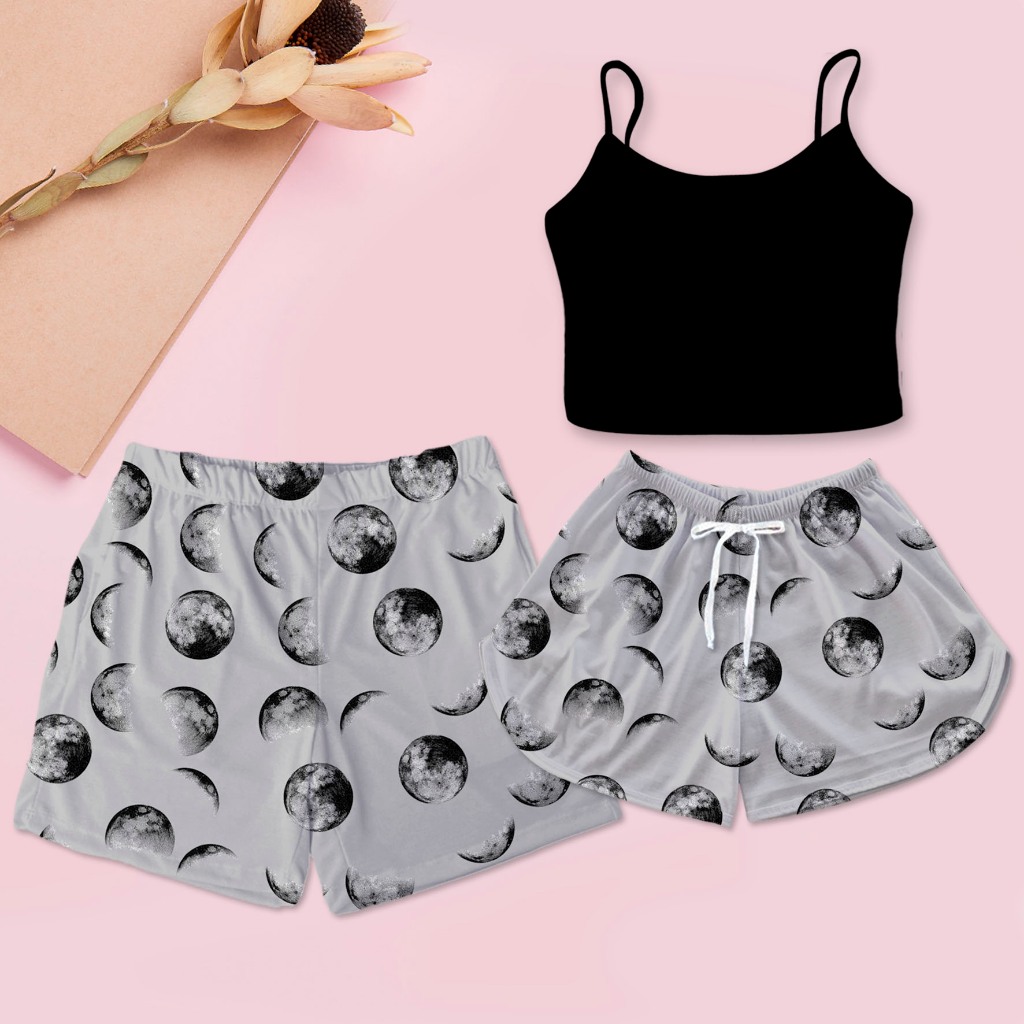 Kit Pijama Casal Baby Cropped Preto Mais Shorts Samba Canção Masculino Lua