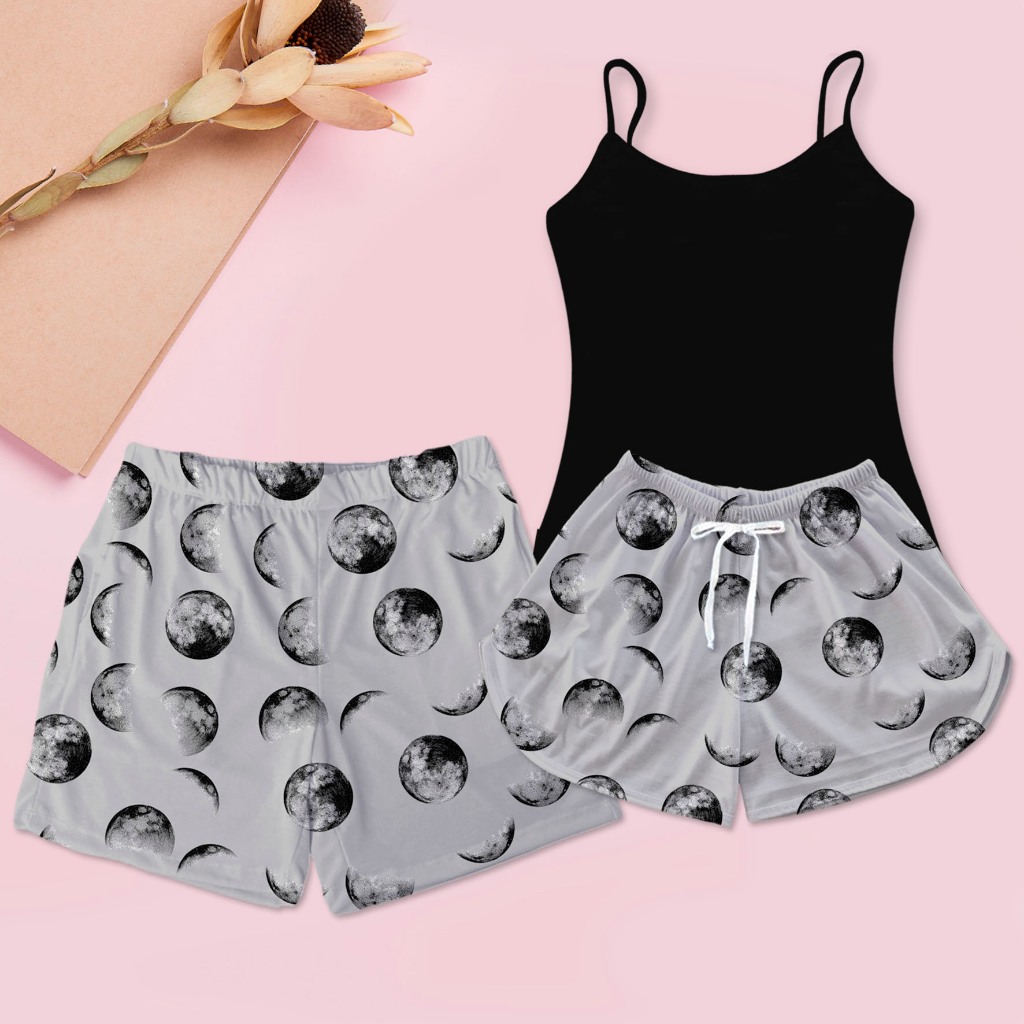 Kit Pijama Casal Baby Doll Preto Mais Shorts Samba Canção Masculino Lua