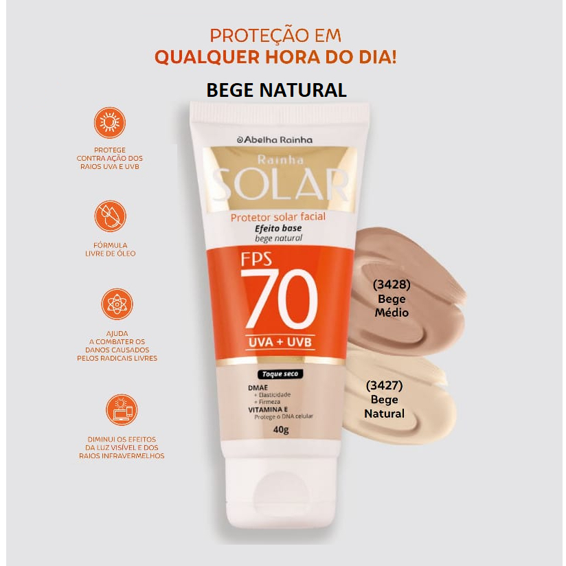 Protetor Solar Facial Cor De Base Bege Natural FPS 70 Rainha Solar Abelha Rainha