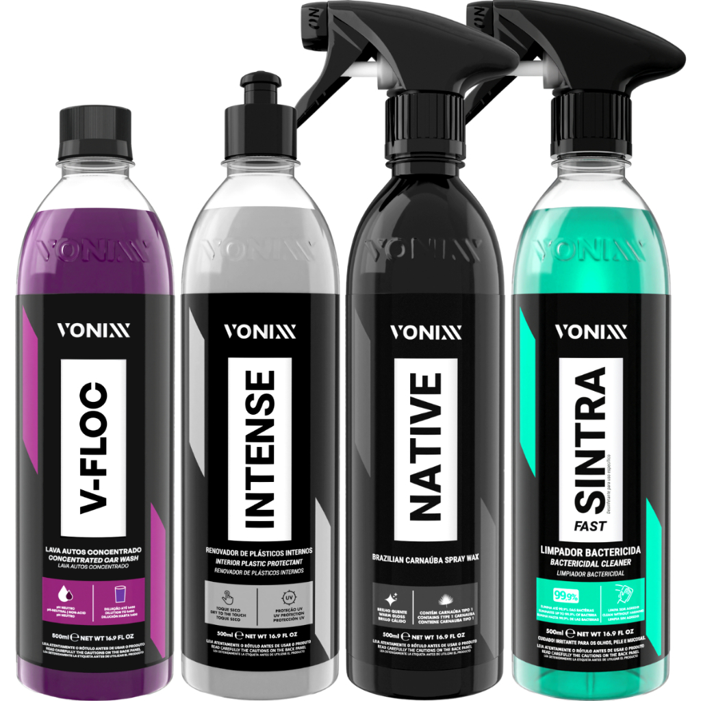 Cera Native Spray Carnaúba + Revitalizador Intense + Limpador Sintra Fast + Shampoo V-Floc 500ml Vonixx